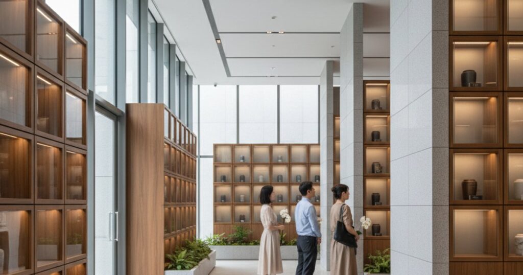 Modern columbarium interior in Singapore, showcasing advanced cremation services and respectful memorialization