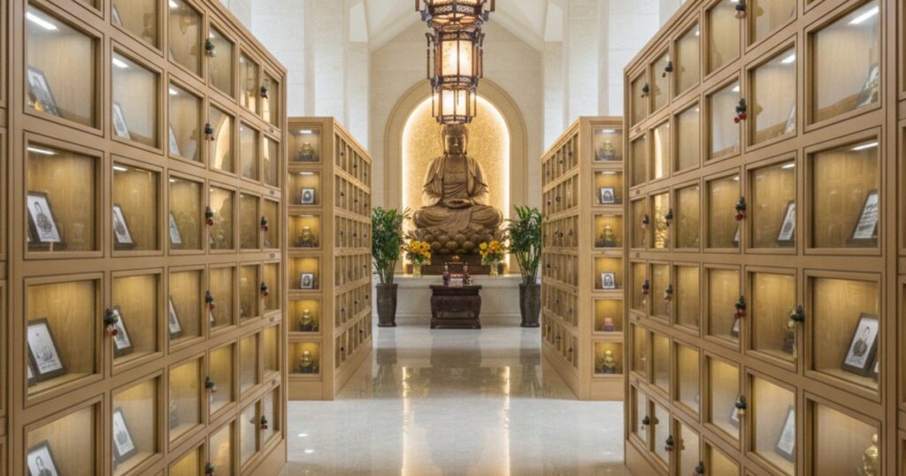 Interior of Linsan Temple's columbarium, offering serene Buddhist funeral services in Singapore