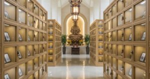 Interior of Linsan Temple's columbarium, offering serene Buddhist funeral services in Singapore