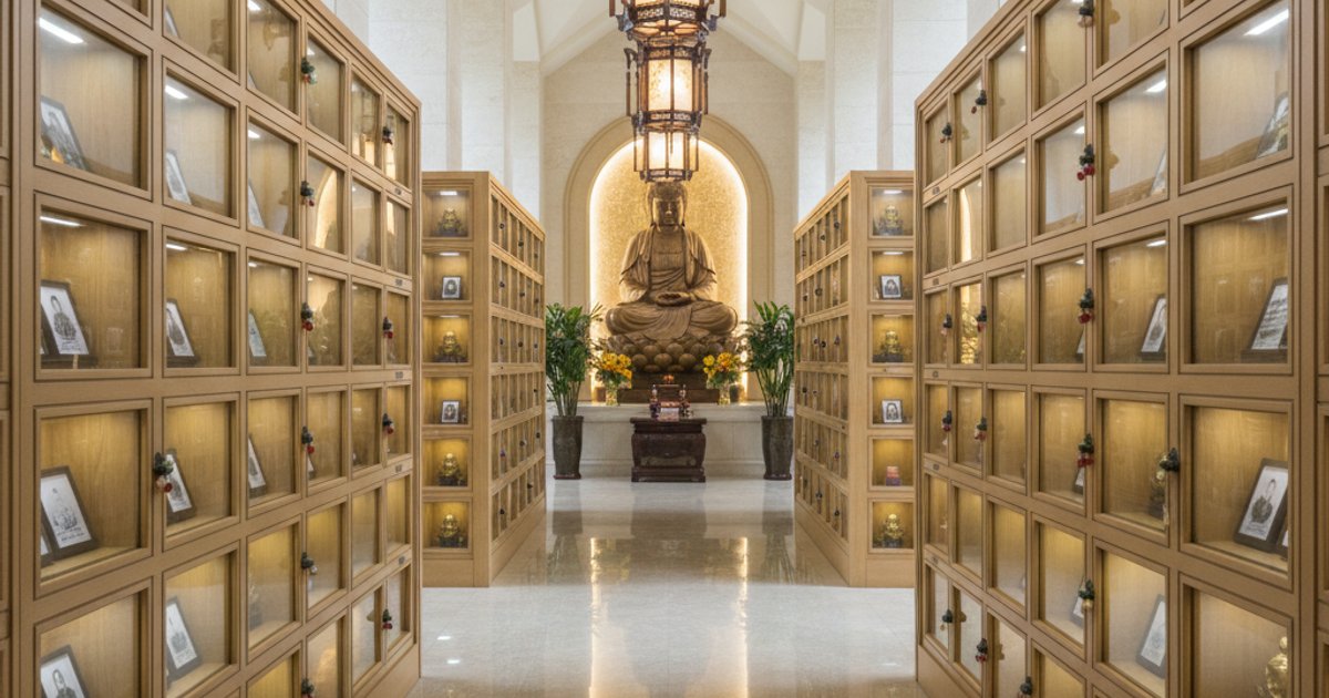 Interior of Linsan Temple's columbarium, offering serene Buddhist funeral services in Singapore