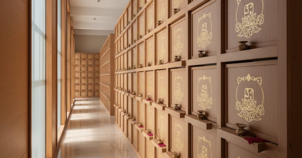 Serene columbarium niches at Lin San Temple for Buddhist funeral services Singapore