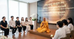 A Buddhist monk leading funeral services in Singapore, with digital screens showing scriptures, blending tradition and modernity at Linsan Temple.