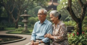 Elderly Singaporean couple reflecting on life, symbolizing the aging population and demand for Linsan Temple Buddhist funeral services