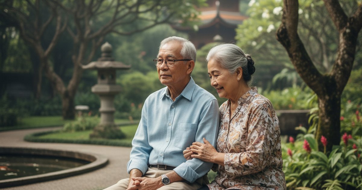 Elderly Singaporean couple reflecting on life, symbolizing the aging population and demand for Linsan Temple Buddhist funeral services