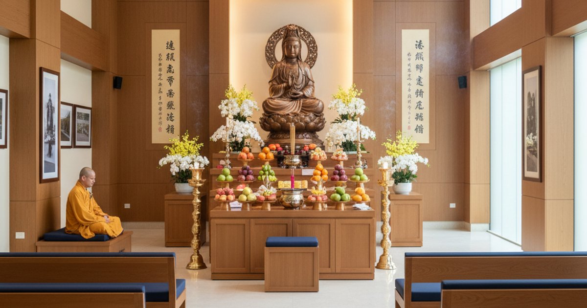 Interior of a dignified Buddhist funeral hall at Linsan Temple, showcasing traditional rituals and serene atmosphere for funeral services