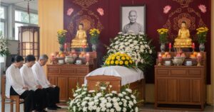 Serene Buddhist funeral wake setup in Singapore by Linsan Temple