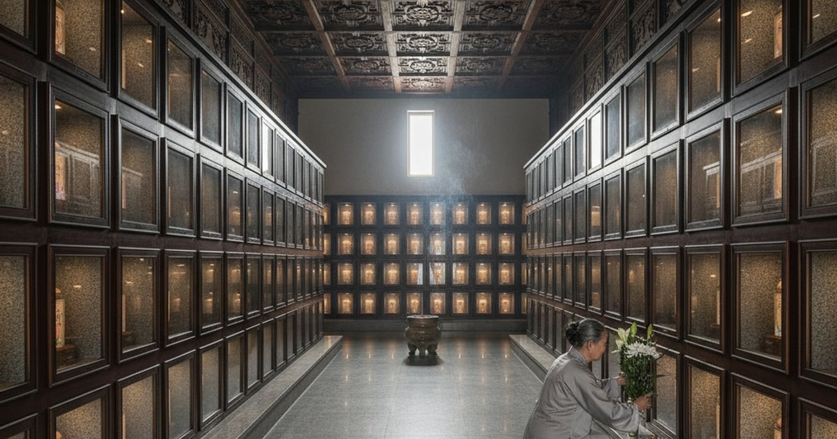 灵山寺骨灰塔内部,一位长者在龛位前祭拜,体现家族精神传承