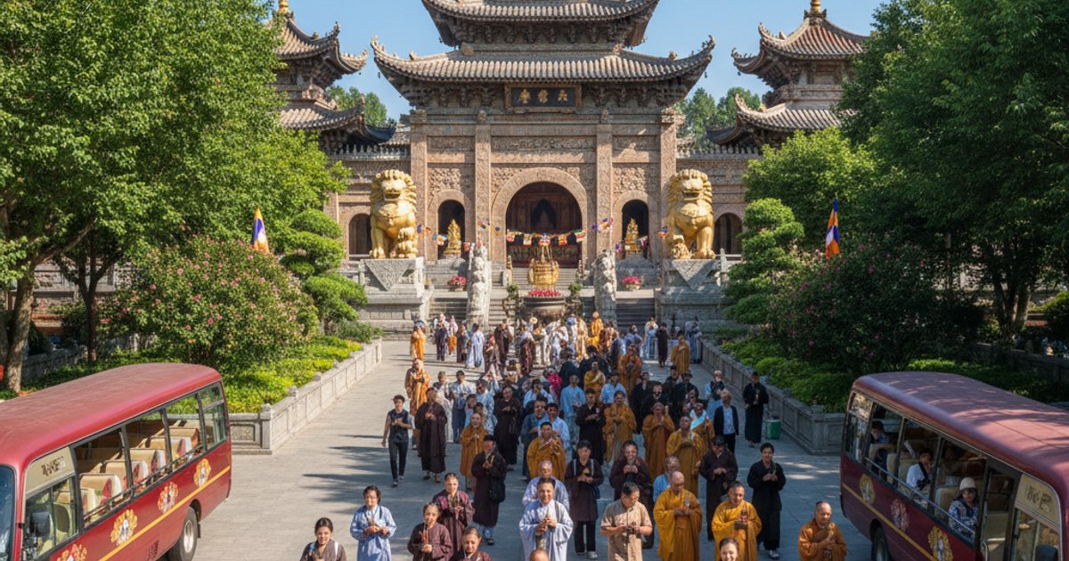 灵山寺骨灰塔周边人流如织的夏季景象,展示交通管制下的寺庙入口