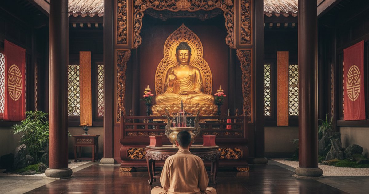 A person reflecting inside Linsan Temple, a place for Buddhist funeral services in Singapore