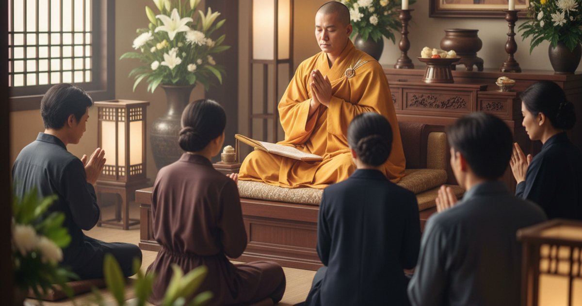 Buddhist monk guiding a family through a chanting ritual at a Linsan Temple Buddhist funeral service in Singapore, offering spiritual comfort