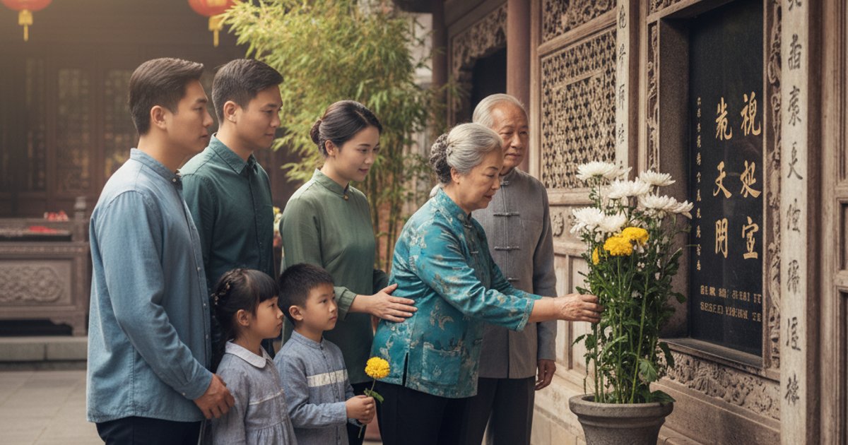 清明节期间,家庭在灵山寺进行环保祭祀活动