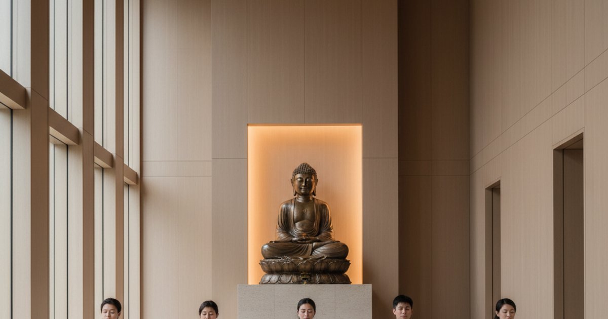 Modern and serene interior of Linsan Temple in Singapore, designed for Buddhist funeral services and contemplation.