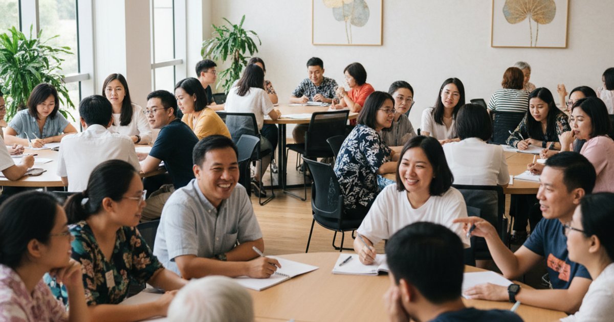 Diverse Singaporean community members engaging in a workshop at Linsan Temple, discussing future spiritual needs and funeral planning.