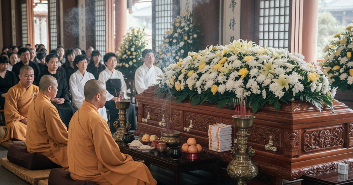 Buddhist funeral service setup at Linsan Temple Singapore with monks and casket