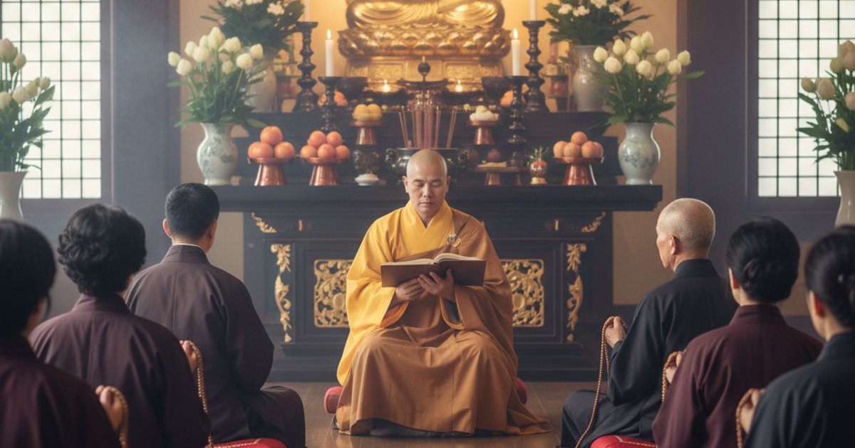 Family participating in a Buddhist memorial service at Linsan Temple Singapore