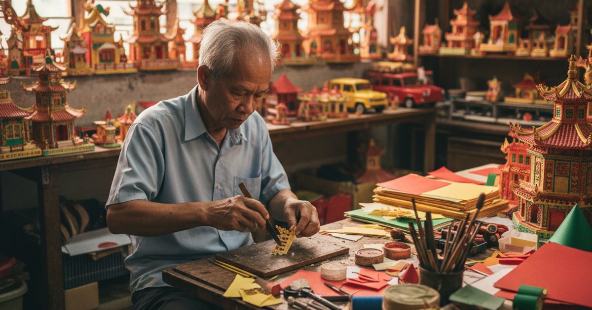 Local artisan crafting traditional paper offerings for Linsan Temple Buddhist funeral services Singapore