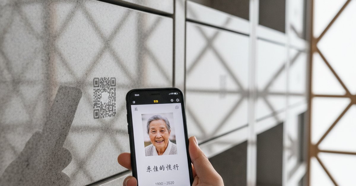 家属扫描灵山寺骨灰塔上的二维码,访问逝者数字纪念页面