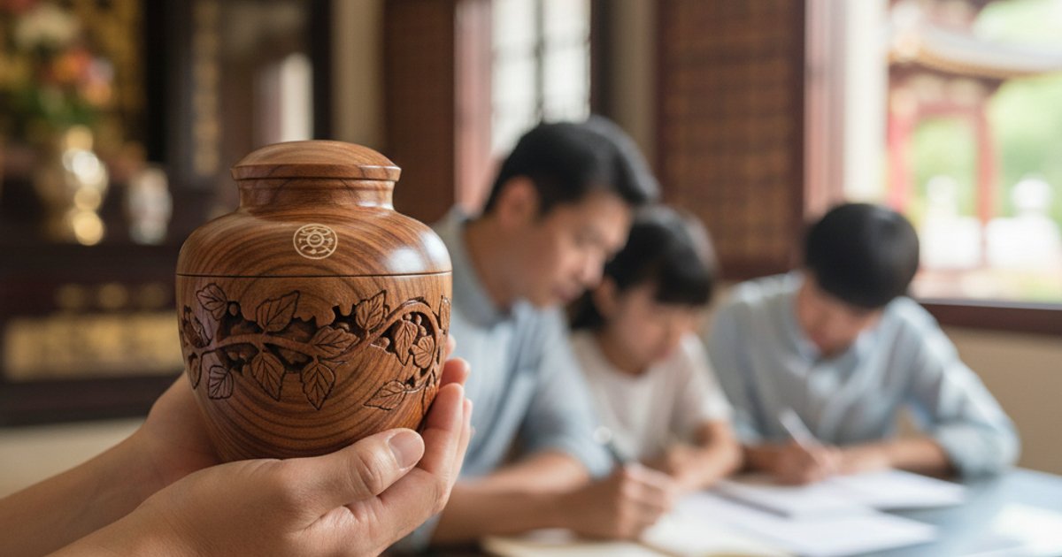Hands holding an urn, symbolizing pre-planning Buddhist funeral services with Linsan Temple