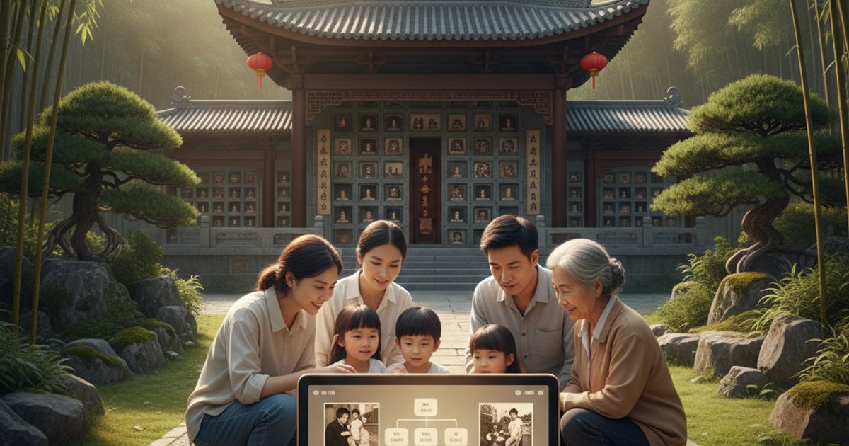 家族成员在灵山寺骨灰塔旁通过数字屏幕回顾家族历史,融合传统与现代