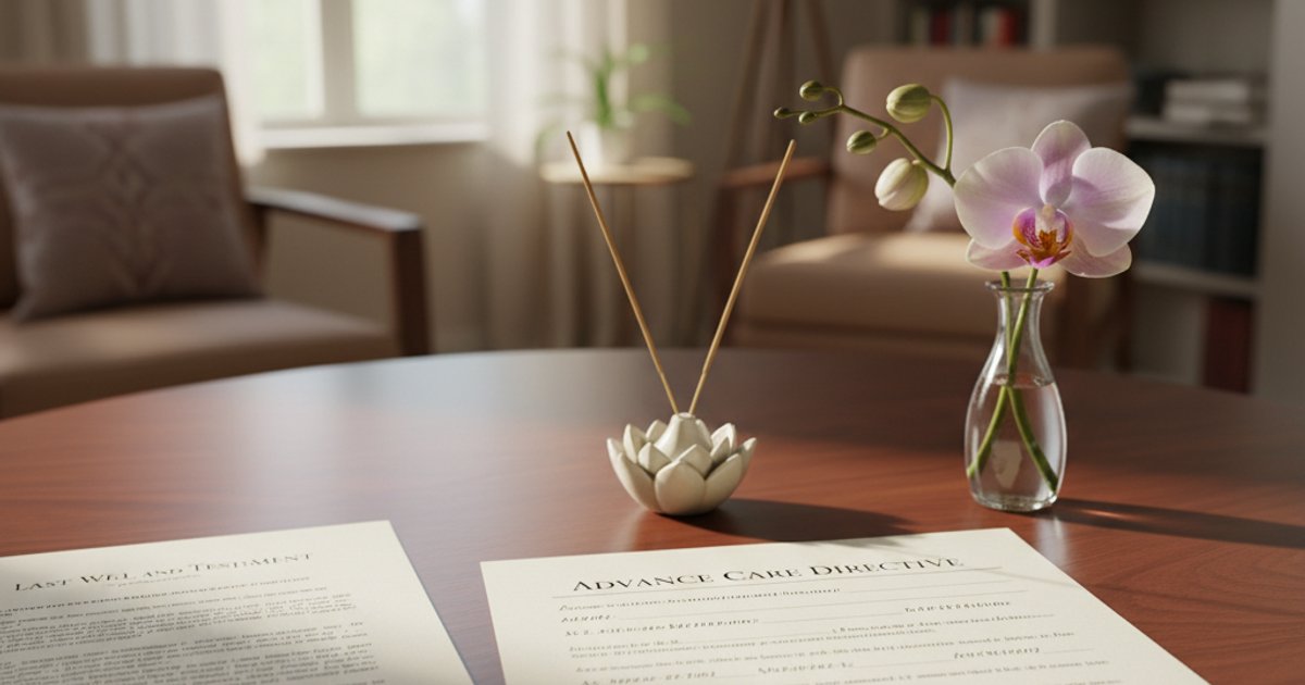 End-of-life planning documents and a fresh orchid, symbolizing proactive Buddhist funeral services planning