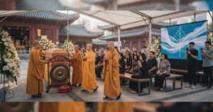 Interior of Linsan Temple's columbarium, offering serene Buddhist funeral services in Singapore