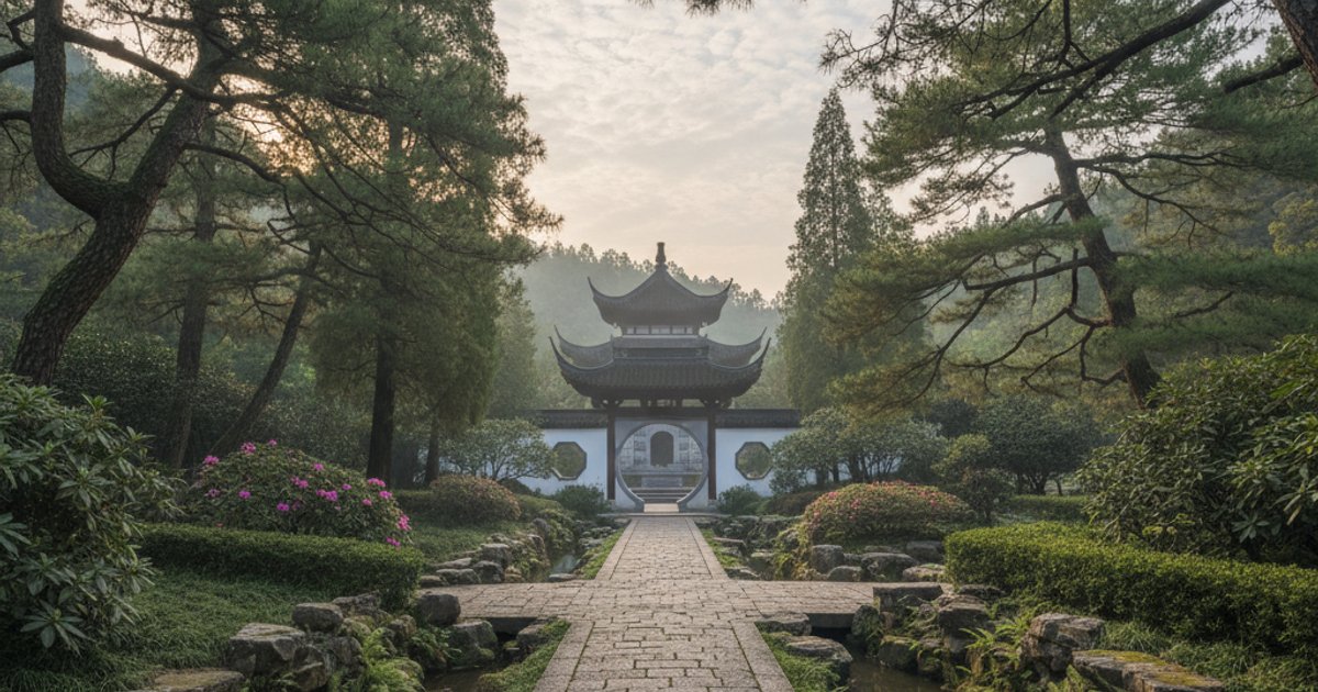 灵山寺骨灰塔与周围宁静园林环境的融合,体现风水哲学