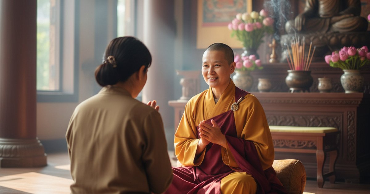 Buddhist monk providing compassionate guidance to a family at Linsan Temple for funeral pre-planning in Singapore