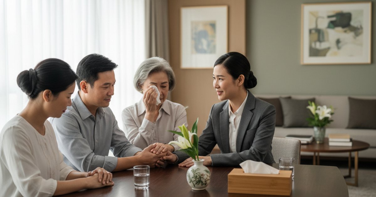 Funeral director in Singapore discussing Buddhist funeral services with a family